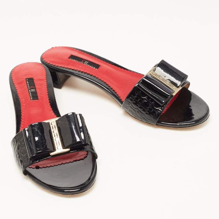 Pre Owned CH Carolina Herrera Black Patent Leather Bow Slide Sandals Size 38