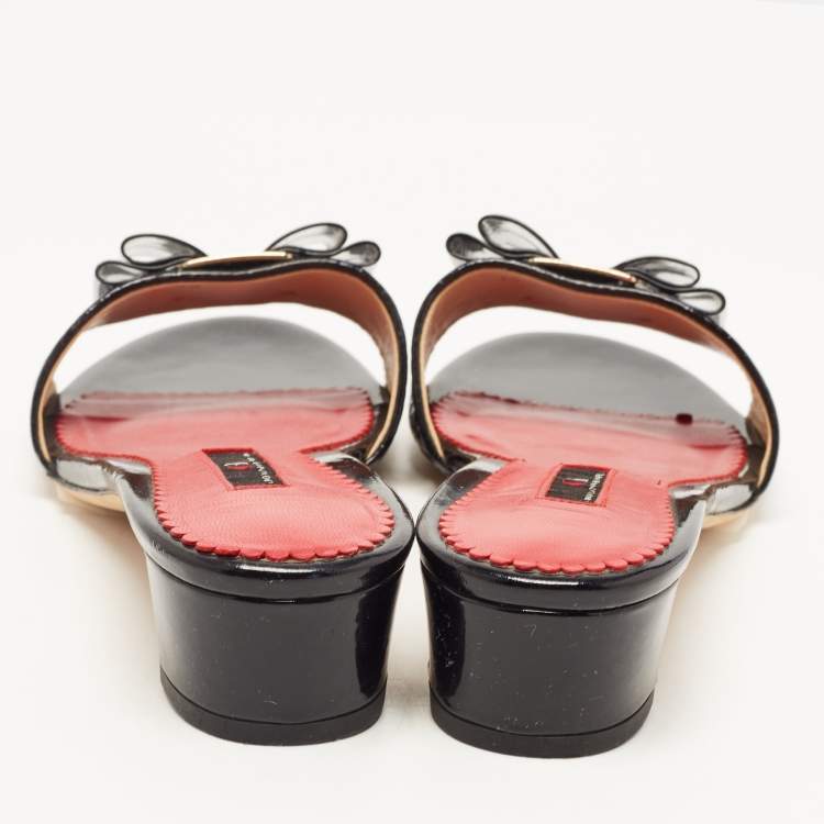 Pre Owned CH Carolina Herrera Black Patent Leather Bow Slide Sandals Size 38