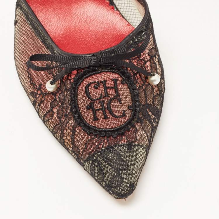 Pre Owned CH Carolina Herrera Black Lace Pear Bow D'orsay Pointed Toe Pumps Size 37