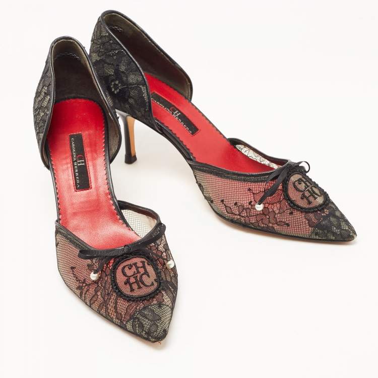 Pre Owned CH Carolina Herrera Black Lace Pear Bow D'orsay Pointed Toe Pumps Size 37