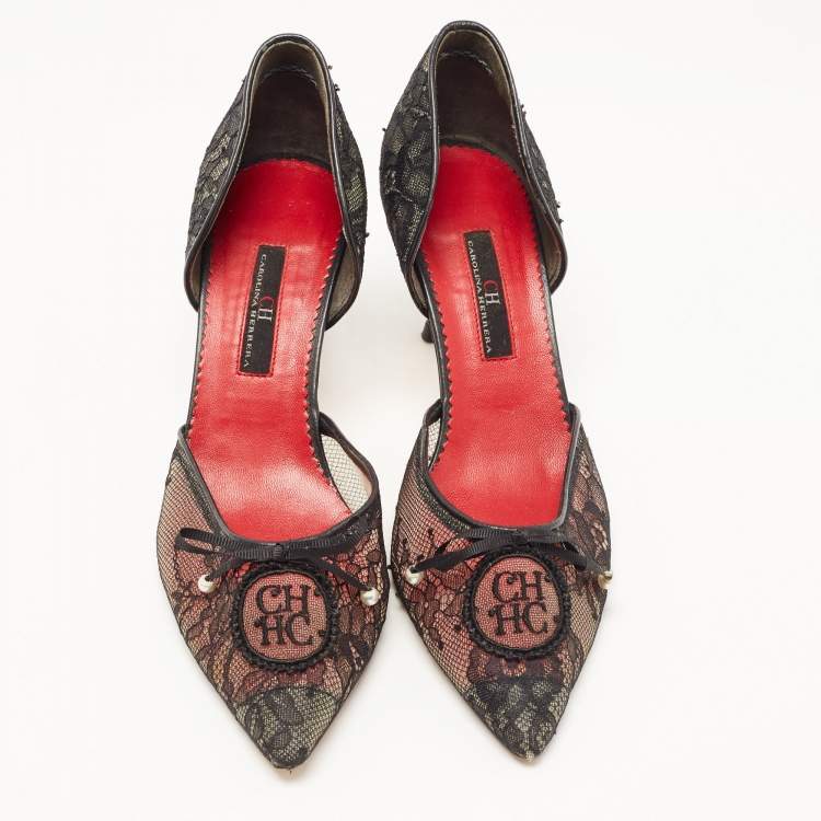 Pre Owned CH Carolina Herrera Black Lace Pear Bow D'orsay Pointed Toe Pumps Size 37