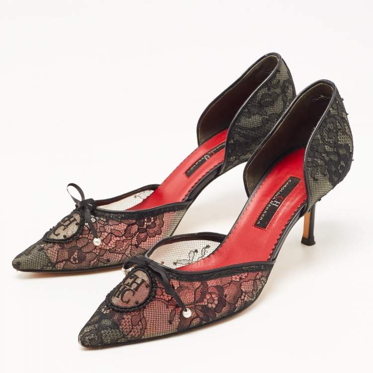 Pre Owned CH Carolina Herrera Black Lace Pear Bow D'orsay Pointed Toe Pumps Size 37