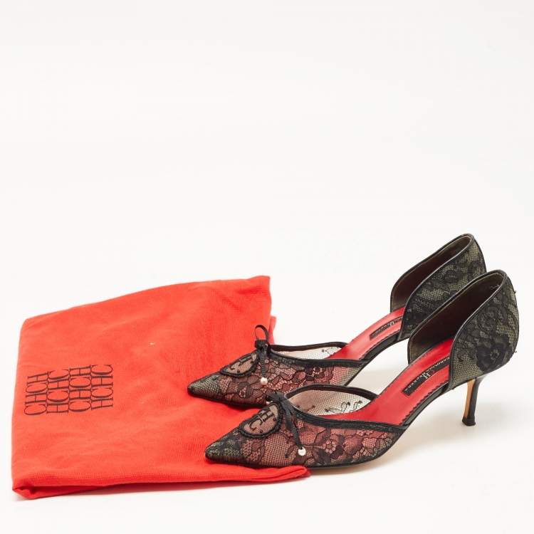 Pre Owned CH Carolina Herrera Black Lace Pear Bow D'orsay Pointed Toe Pumps Size 37