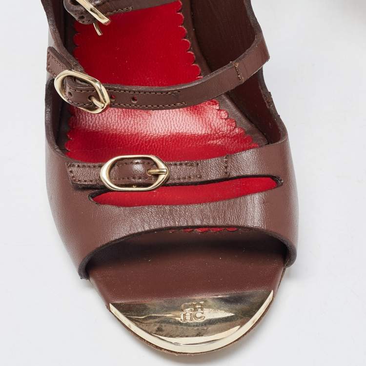 Pre Owned CH Carolina Herrera Brown Leather Strappy Sandals Size 39
