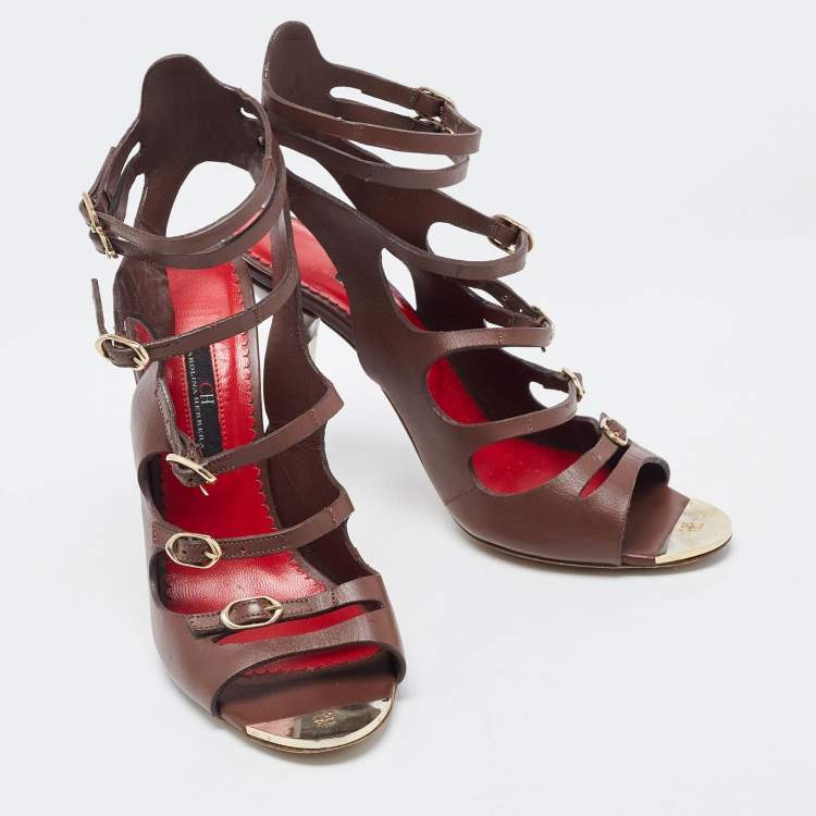 Pre Owned CH Carolina Herrera Brown Leather Strappy Sandals Size 39