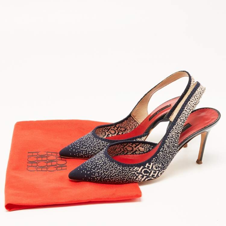 Pre Owned CH Carolina Herrera Navy Blue/Pink Logo Canvas D'orsay Slingback Pumps Size 40