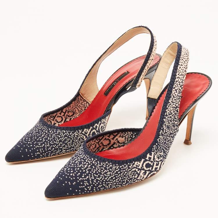 Pre Owned CH Carolina Herrera Navy Blue/Pink Logo Canvas D'orsay Slingback Pumps Size 40