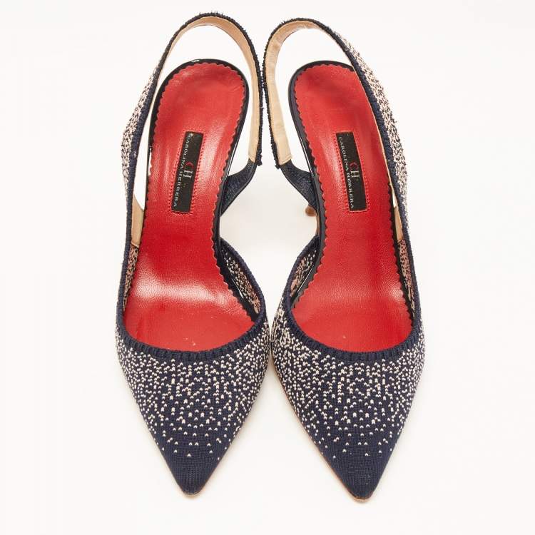 Pre Owned CH Carolina Herrera Navy Blue/Pink Logo Canvas D'orsay Slingback Pumps Size 40