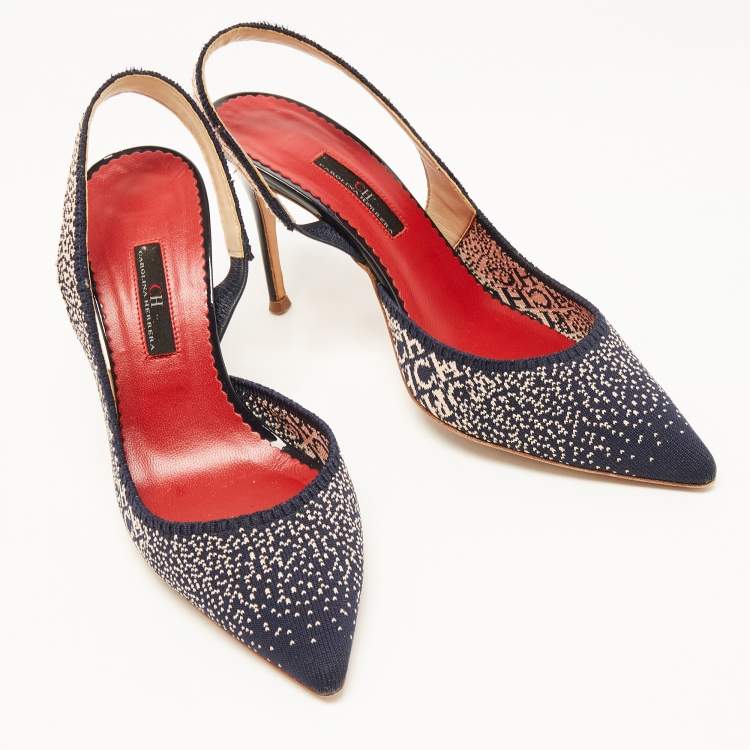 Pre Owned CH Carolina Herrera Navy Blue/Pink Logo Canvas D'orsay Slingback Pumps Size 40
