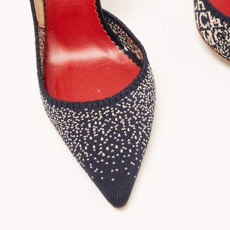 Pre Owned CH Carolina Herrera Navy Blue/Pink Logo Canvas D'orsay Slingback Pumps Size 40