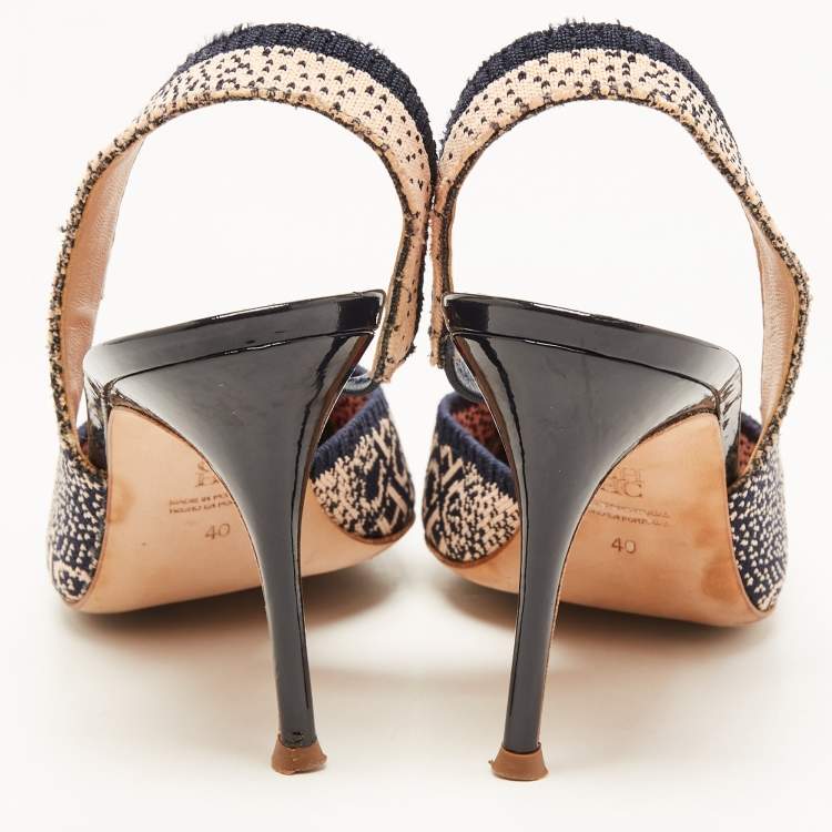 Pre Owned CH Carolina Herrera Navy Blue/Pink Logo Canvas D'orsay Slingback Pumps Size 40