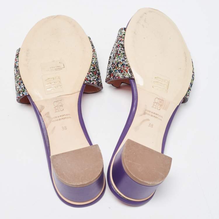 Pre Owned CH Carolina Herrera Multicolor Crystal Embellished Insignia Cutout Slide Sandals Size 38