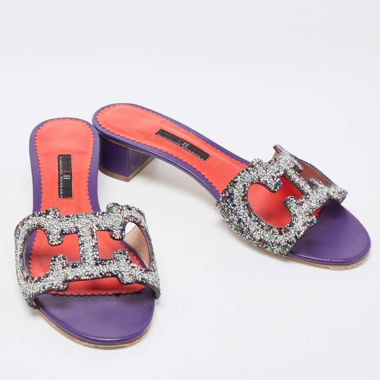 Pre Owned CH Carolina Herrera Multicolor Crystal Embellished Insignia Cutout Slide Sandals Size 38