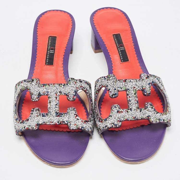 Pre Owned CH Carolina Herrera Multicolor Crystal Embellished Insignia Cutout Slide Sandals Size 38