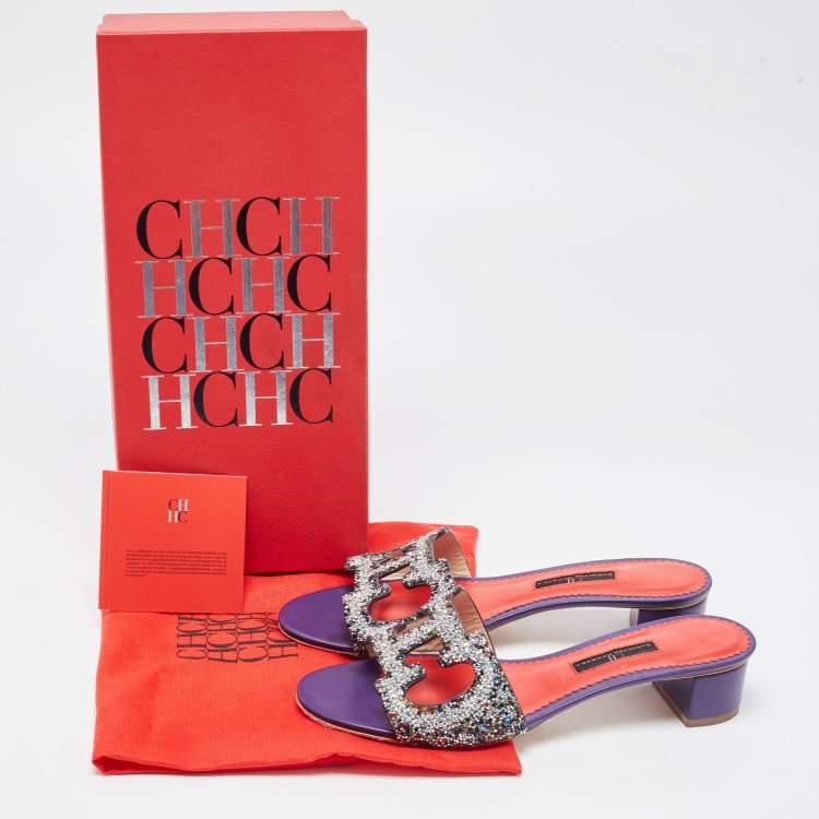 Pre Owned CH Carolina Herrera Multicolor Crystal Embellished Insignia Cutout Slide Sandals Size 38