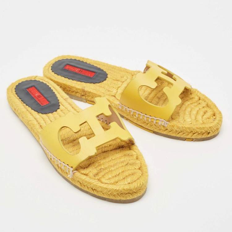 Pre Owned CH Carolina Herrera Yellow Leather Initials Insignia Cut Out Espadrille Flat Slides Size 38