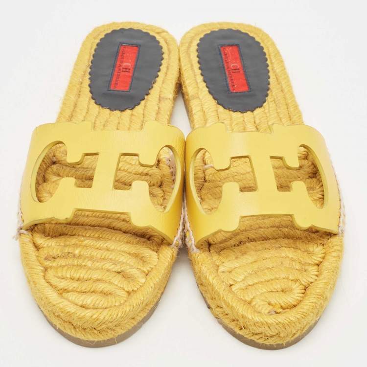 Pre Owned CH Carolina Herrera Yellow Leather Initials Insignia Cut Out Espadrille Flat Slides Size 38