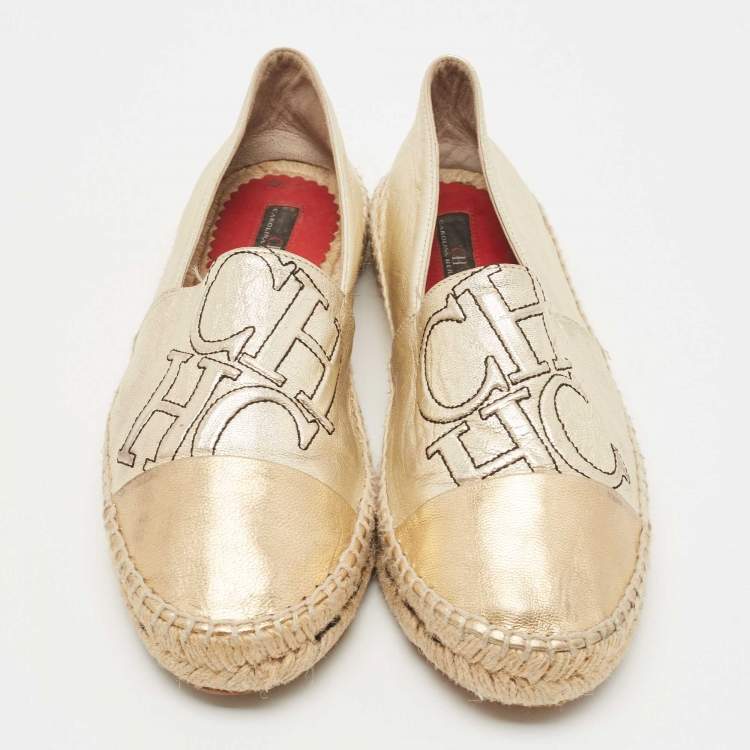 Pre Owned CH Carolina Herrera Metallic Gold Leather Cap Toe Espadrilles Size 38