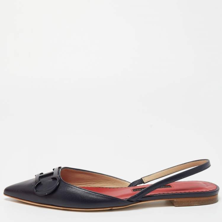 Pre Owned CH Carolina Herrera Navy Blue Leather Initials Insignia Slingback Flats Size 37 