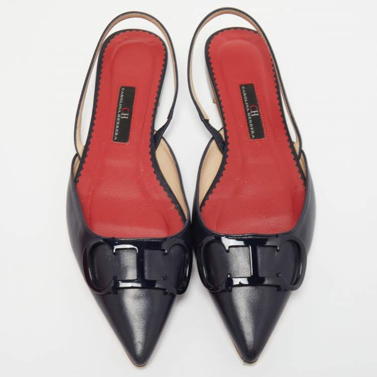 Pre Owned CH Carolina Herrera Navy Blue Leather Initials Insignia Slingback Flats Size 37 