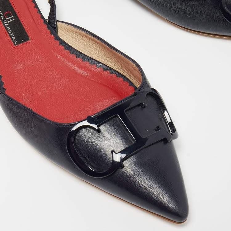 Pre Owned CH Carolina Herrera Navy Blue Leather Initials Insignia Slingback Flats Size 37 