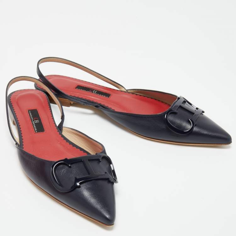Pre Owned CH Carolina Herrera Navy Blue Leather Initials Insignia Slingback Flats Size 37 