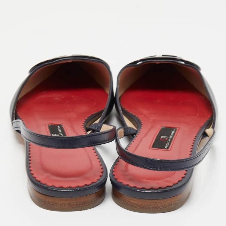 Pre Owned CH Carolina Herrera Navy Blue Leather Initials Insignia Slingback Flats Size 37 