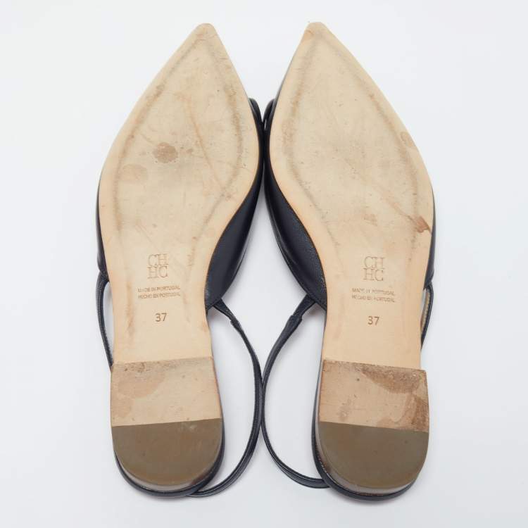 Pre Owned CH Carolina Herrera Navy Blue Leather Initials Insignia Slingback Flats Size 37 