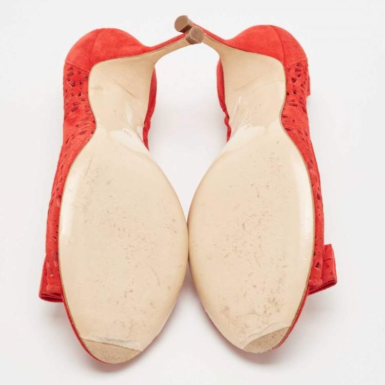 Pre Owned CH Carolina Herrera Red Suede Lasercut Bow Peep Toe Pumps Size 40
