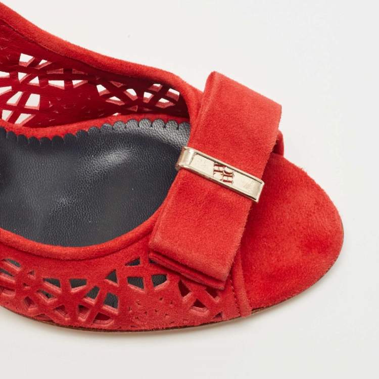 Pre Owned CH Carolina Herrera Red Suede Lasercut Bow Peep Toe Pumps Size 40