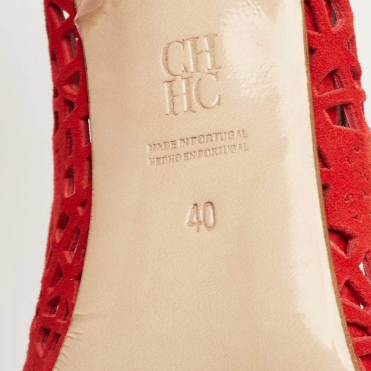 Pre Owned CH Carolina Herrera Red Suede Lasercut Bow Peep Toe Pumps Size 40