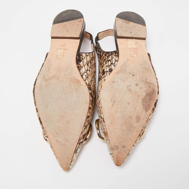 Pre Owned CH Carolina Herrera Brown/White Brocade Fabric Slingback Flat Sandals Size 37
