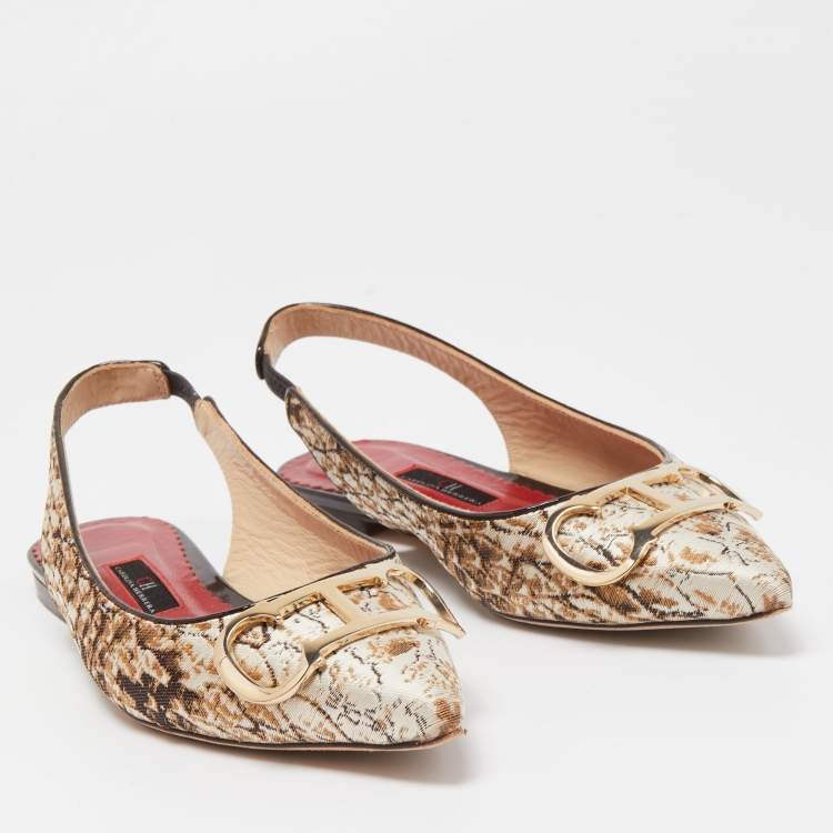 Pre Owned CH Carolina Herrera Brown/White Brocade Fabric Slingback Flat Sandals Size 37