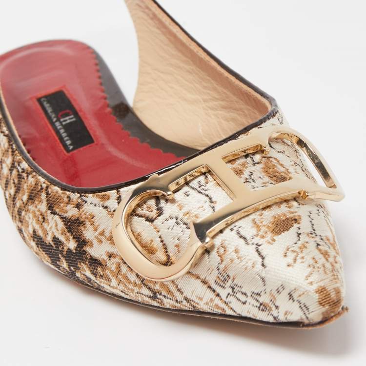 Pre Owned CH Carolina Herrera Brown/White Brocade Fabric Slingback Flat Sandals Size 37