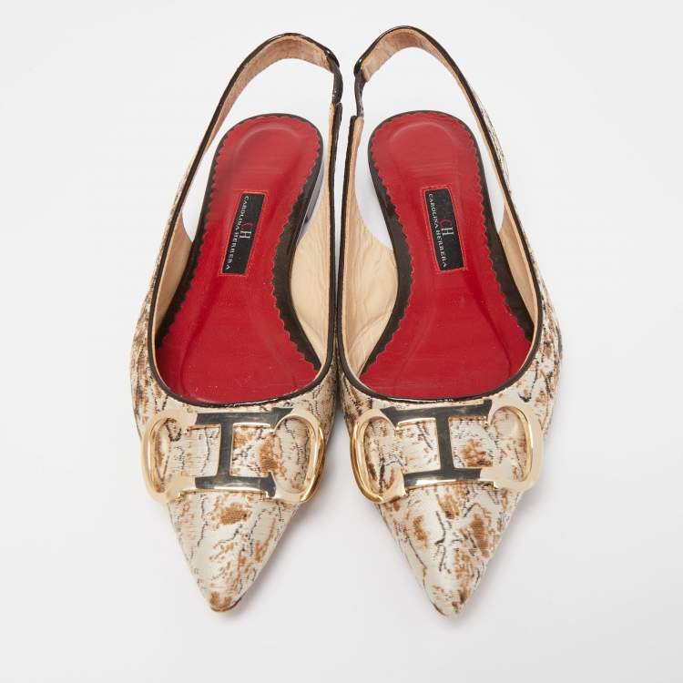 Pre Owned CH Carolina Herrera Brown/White Brocade Fabric Slingback Flat Sandals Size 37