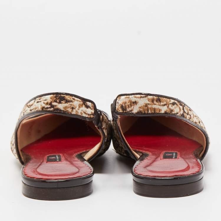 Pre Owned CH Carolina Herrera Brown/White Brocade Fabric Slingback Flat Sandals Size 37