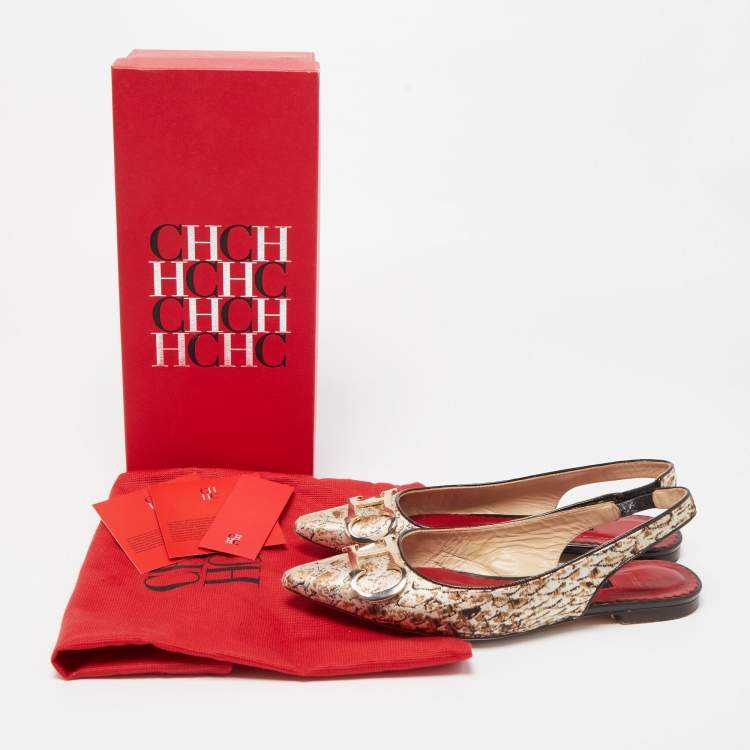 Pre Owned CH Carolina Herrera Brown/White Brocade Fabric Slingback Flat Sandals Size 37