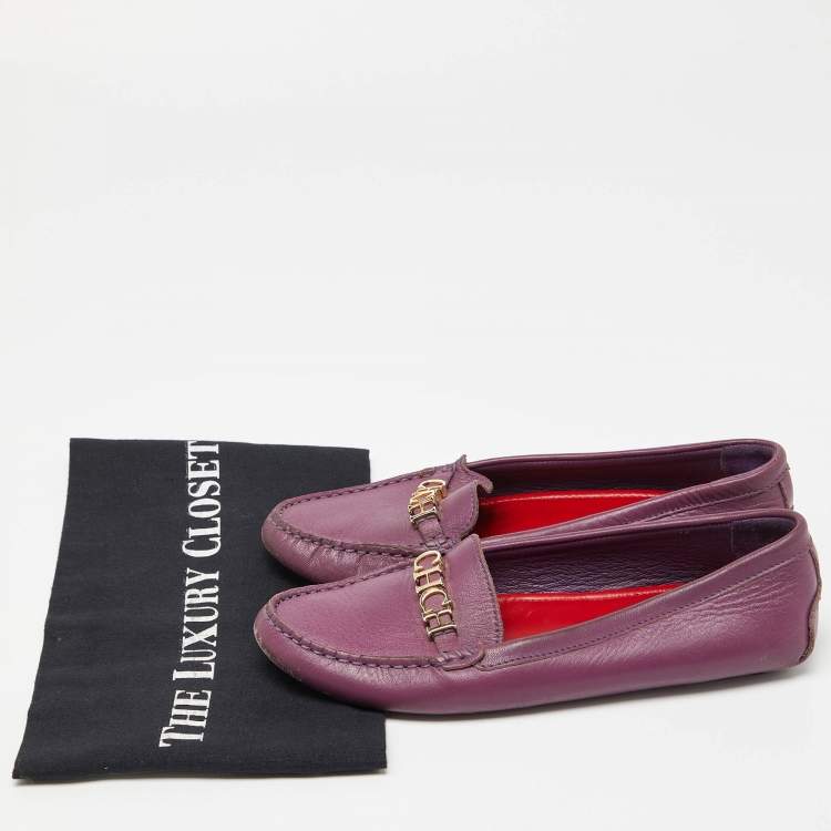 Pre Owned CH Carolina Herrera Purple Leather Logo Detail Loafers Size 37