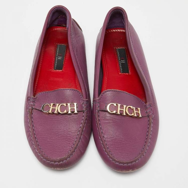 Pre Owned CH Carolina Herrera Purple Leather Logo Detail Loafers Size 37