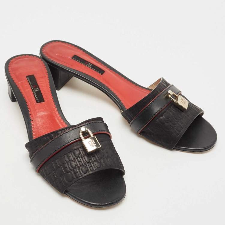Pre Owned CH Carolina Herrera Black Monogram Leather Traveller Locked Slide Sandals Size 40