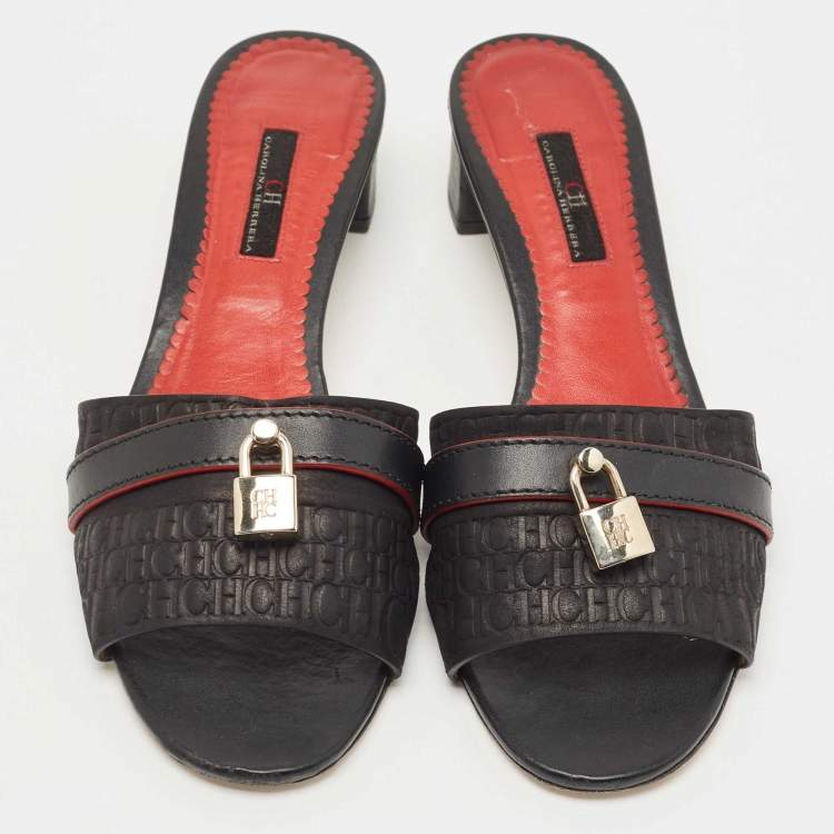 Pre Owned CH Carolina Herrera Black Monogram Leather Traveller Locked Slide Sandals Size 40