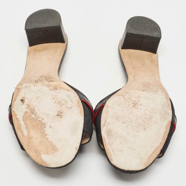 Pre Owned CH Carolina Herrera Black Monogram Leather Traveller Locked Slide Sandals Size 40