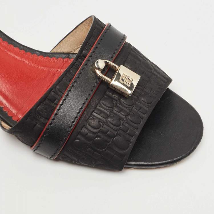 Pre Owned CH Carolina Herrera Black Monogram Leather Traveller Locked Slide Sandals Size 40