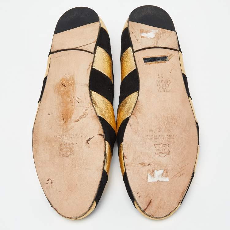 مملوكة مسبقًا CH Carolina Herrera Black/Gold Leather and Suede Smoking Slippers Size 37