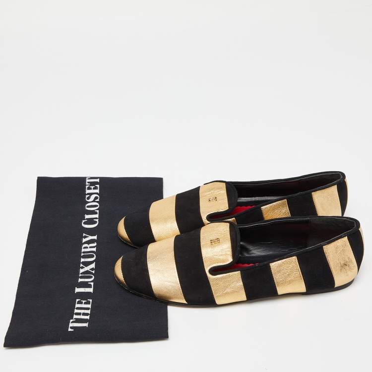 مملوكة مسبقًا CH Carolina Herrera Black/Gold Leather and Suede Smoking Slippers Size 37