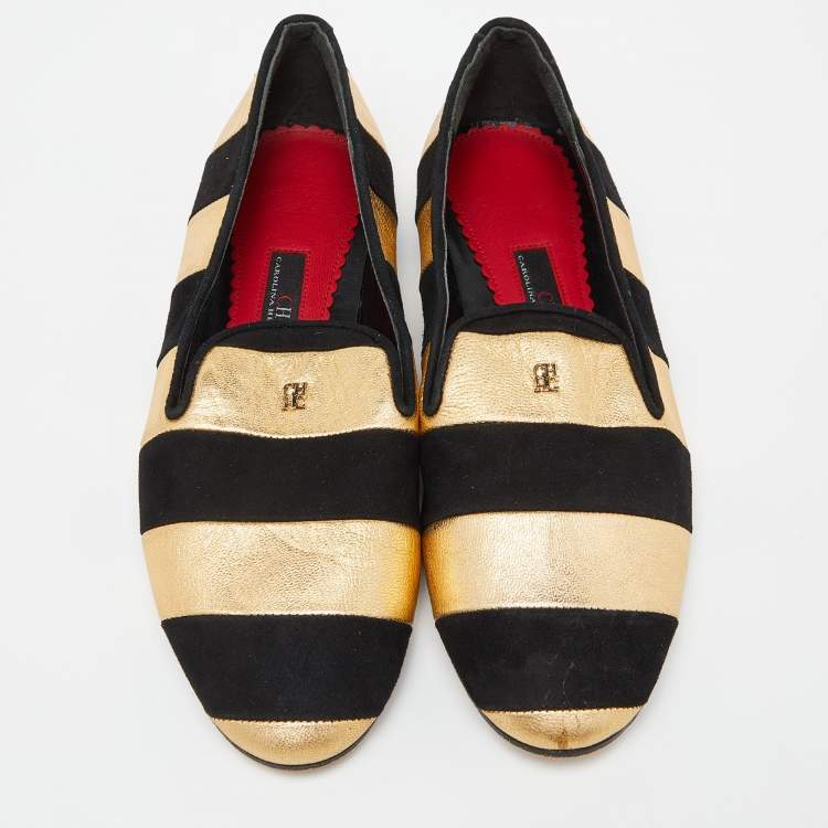 مملوكة مسبقًا CH Carolina Herrera Black/Gold Leather and Suede Smoking Slippers Size 37