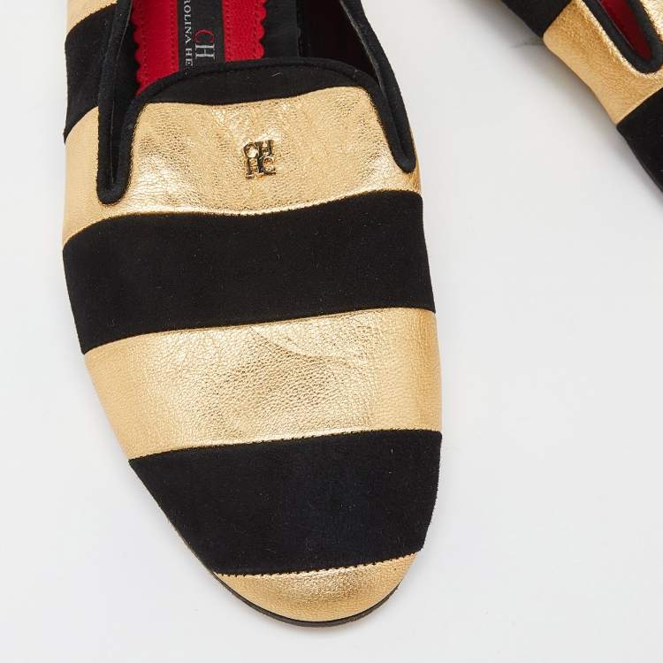 مملوكة مسبقًا CH Carolina Herrera Black/Gold Leather and Suede Smoking Slippers Size 37
