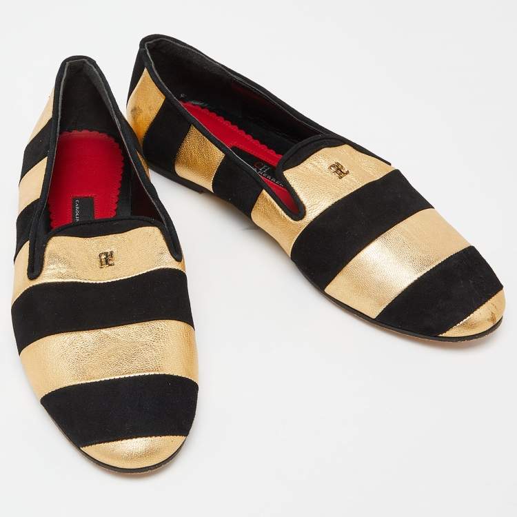 مملوكة مسبقًا CH Carolina Herrera Black/Gold Leather and Suede Smoking Slippers Size 37