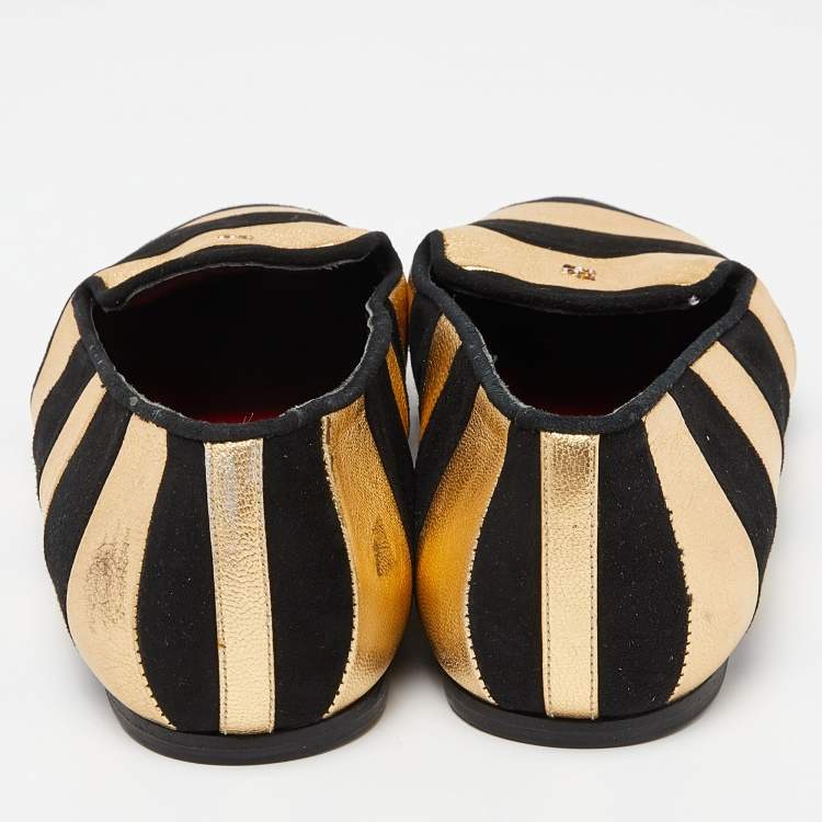 مملوكة مسبقًا CH Carolina Herrera Black/Gold Leather and Suede Smoking Slippers Size 37