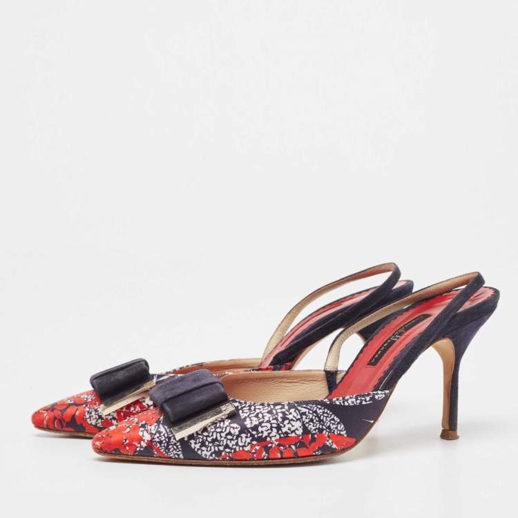 Pre Owned Carolina Herrera Multicolor Leather and Suede Bow Slingback Pumps Size 37